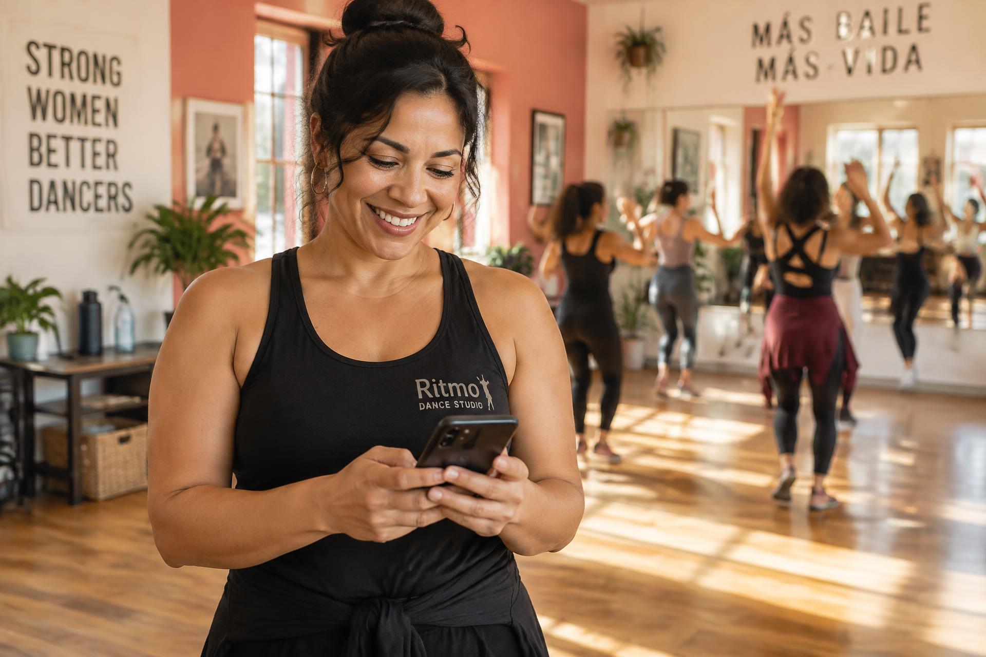Dueña de un estudio de baile revisando su celular durante una clase