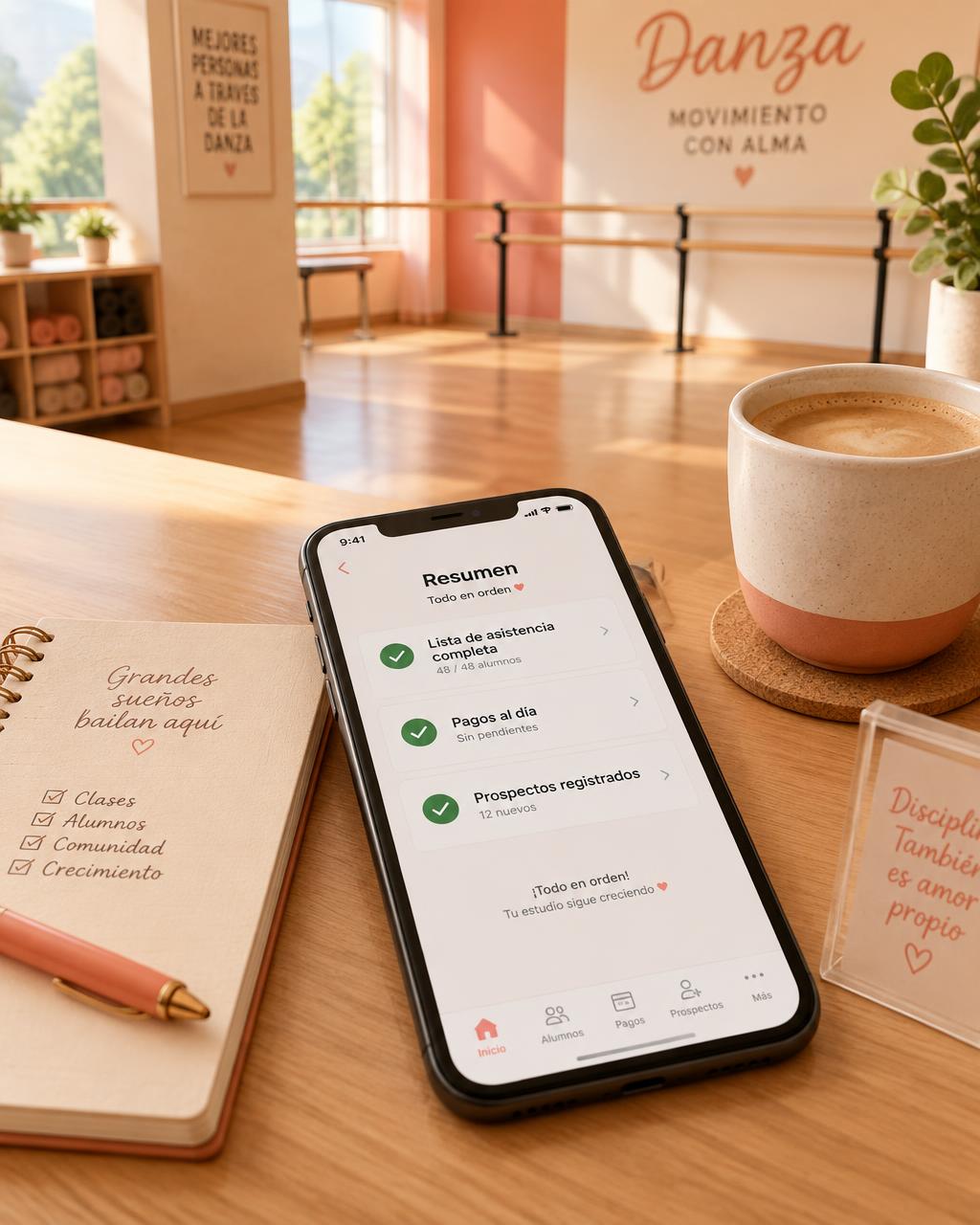 Celular sobre un escritorio mostrando un resumen con asistencia completa, pagos al día y prospectos registrados